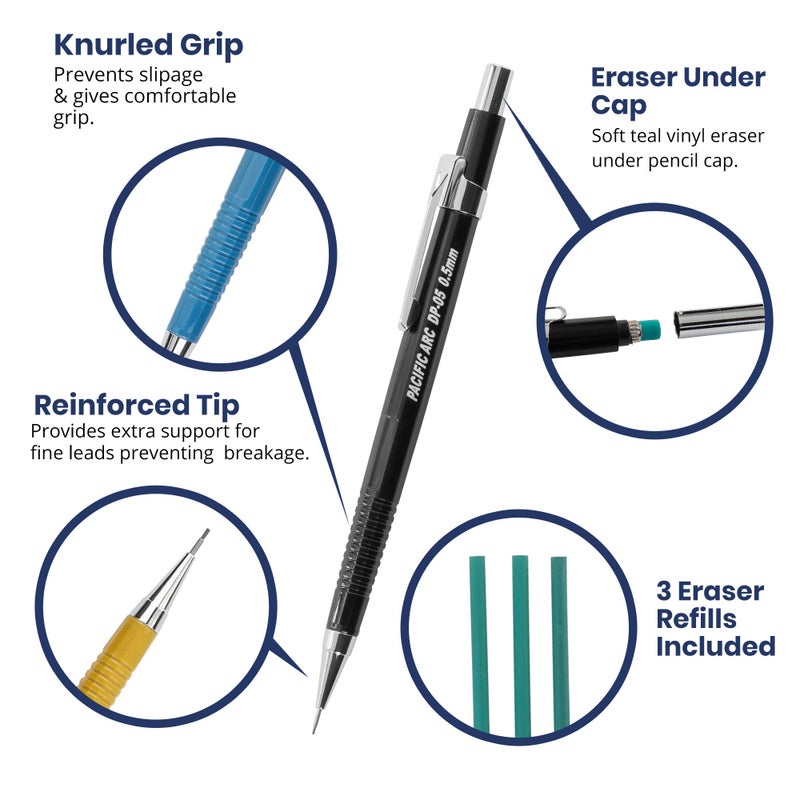 Pacific Arc Mechanical Pencil Set, .5 mm, .7mm, .9 mm Mechanical Pencil with 3 Spare Erasers, Refillable Lead Pencil Holder for Drafting, Sketching, and Drawing - Image 4